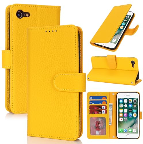 Zouzt Leather Wallet Case for iPhone SE 2022/2020 / iPhone 8/7, Yellow | 4 Card Slot, Genuine Leather, Card Holder, Shockproof TPU Shell, Magnetic Closure, Protective Flip Phone Cover, For Women Men
