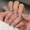 KQueenest French Tip False Nails with Glue, Light Blue Press on Nails Short Almond, Natural Nude Fake Nails Press ons Stiletto, Reusable Soft Gel Stick on Nail for Women, 30 Pcs