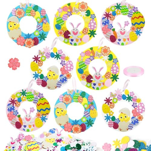 8 Stück Ostern Basteln, DIY Oster Kranz Bastelset, Kaninchen Ei Osterkranz Bastelset, Oster Kranz DIY Kit, Moosgummi Aufkleber Osterbastelset, für Ostergeschenke Handarbeit Kreativsets