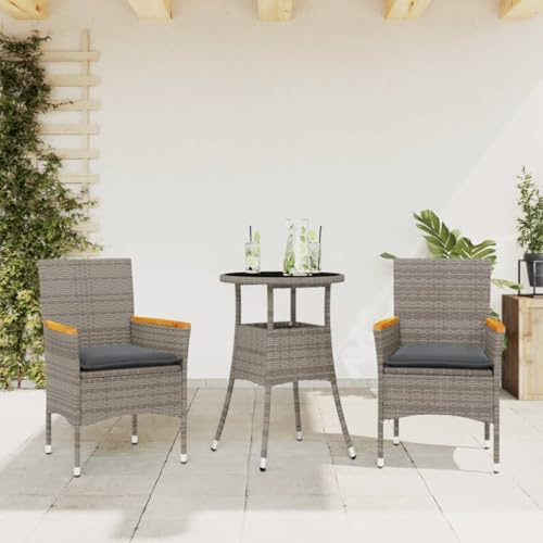 Owoxanthellate 3tlg. Garten-Essgruppe Grau 60 cm Runder Tisch 2 Stühle Poly Rattan wetterfest mit dicken Kissen Modernes Design für Terrasse Balkon Kleine Outdoor Sitzgruppe