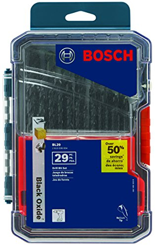 BOSCH BL29 29-Piece Assorted Set Three-Flat Shank Black Oxide Drill Bits with Included Case for Applications in Light-Gauge Metal, Wood, Plastic