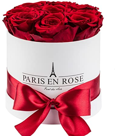 PARIS EN ROSE Rosenbox | mit 9 bordeaux-roten Infinity Rosen Größe XL | konservierte ewige Rose | weiße Box mit Schleife | 3 Jahre haltbar | Grußkarte
