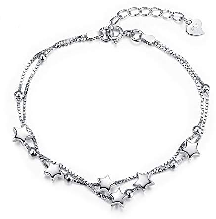 Epoch World Elegant Perlen und Sterne Double Layered Armkettchen mit 925 Sterling Silber Armband Armkette Schmuck Verstellbar Armbänder für damen