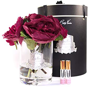 Cote Noire Luxury Range 5 Parfum duftende Pfingstrose mit Knospen Blumenstrauß in einer Vase aus klarem Glas - Peony Scarlet