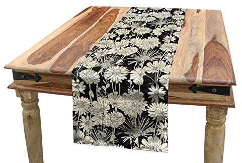 ABAKUHAUS Blume Tischläufer, Monochrome Frühlings-Wachstum, Esszimmer Küche Rechteckiger Dekorativer Tischläufer, 40 x 225 cm, Schwarz Beige