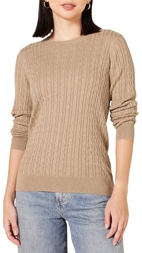 Amazon Essentials Women's Lightweight Long-Sleeved Cable Crewneck Sweater (Available in Plus Size), Camel Heather, S