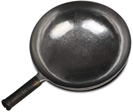 ZhenSanHuan Handgehämmerte Eisen-Wok-Pfanne mit rundem Boden, 30 cm im Durchmesser, Eisengriffstange ohne Haltegriff, nicht voreingebrannt