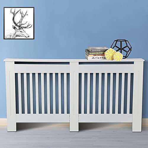 Slatted Radiator Cover White Painted, Wall Shelf Cabinet Heating Covers, Traditional Heater Hide-Out, Freestanding Frame, Vertical Bars Easy Assembly Large: H 82 x W 152 x D 19 Cm