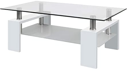 duehome | Mesa Centro, Mesa de Cristal, Mesita de Salon, Color Blanco Brillo, Modelo Missouri, Medidas: 110 cm (Largo) x 60 cm (Ancho) x 45 cm (Alto)