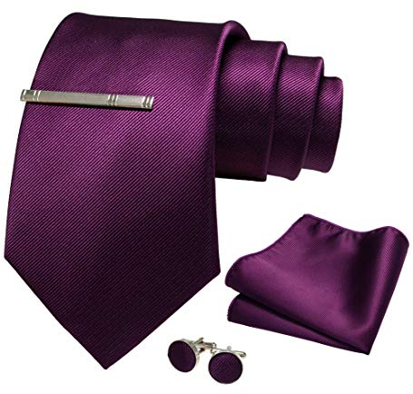 JEMYGINS Herren 9cm Breit Extra lang Krawatte und Einstecktuch Krawattenklammer Set Geeigneter Hochzeit Fest,Lila