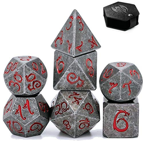 World of Dice Metallwürfel Steinoptik - Pen and Paper Würfel Set, 7 teilig, ideal für Dungeons and Dragons (DND), Das Schwarze Auge (DSA), Shadowrun, Cthulhu und andere RPG