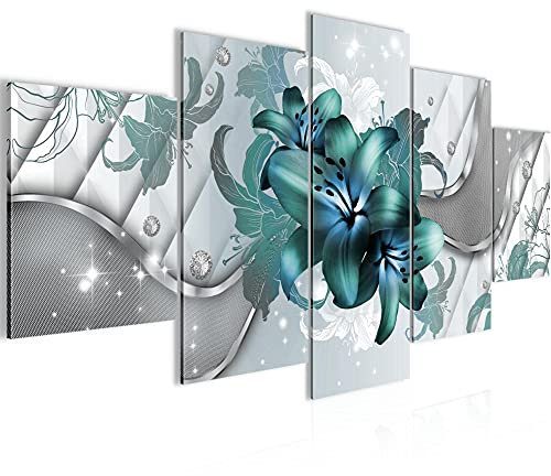 Runa Art Lys De Fleurs Tableau Murale Impression sur Toile Intissee 5 parties abstrait Turquoise grise Chambre Salle 016553a