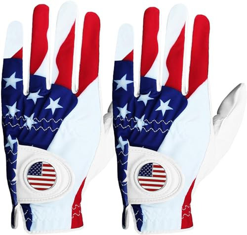 Golf Gloves Men Right Handed Golfer Left Hand with Ball Marker 2 Pack Leather Breathable Comfortable Weathersof Grip Size Small Medium ML Large XL (White&USA Flag, Medium(Worn on Left Hand))