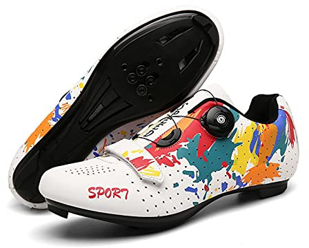 Unisex Fahrradschuhe, Graffiti Rennrad Schuhe MTB Fahrradschuhe, Spin Shoestring Kompatibler SPD Look Delta Cycle Riding Cleat (White,36 (EU 37 2/3))