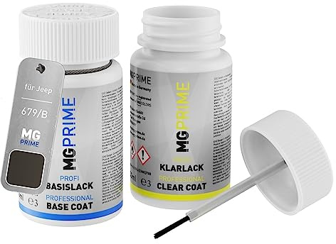 MG PRIME Autolack Lackstift für Jeep 679/B / 679 Graphite Grey Pearl +1K | Set aus Basislack + Klarlack, Lackfläschchen mit Pinsel, je 50ml