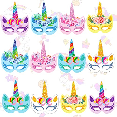 12 Pièces Masques Licorne Enfant Fournitures, Kits De Masques en Mousse Licornes, Masque Enfant Licorne Parti, Pour La Décoration Intérieure, Le Cosplay, Le Graffiti Fait à La Main