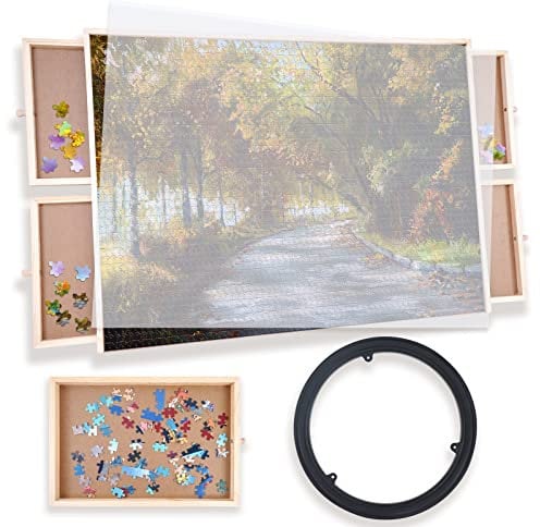 WOOD CITY Puzzle Board, 1000 Piece Wooden Jigsaw Puzzle Board with Drawers, 29” x 22” Portable Puzzle Table with Covers and Lazy Susan, Rotating Jigsaw Puzzle Table for Kids and Adults