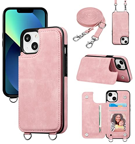 ZTOFERA Handyhülle mit Band Kette für iPhone 13, Matt Weiche Rückseite Hülle mit Kartenfach Kordel Schnur Umhängeband, Premium PU Leder + TPU Schutzhülle Lanyard Case, Roségold