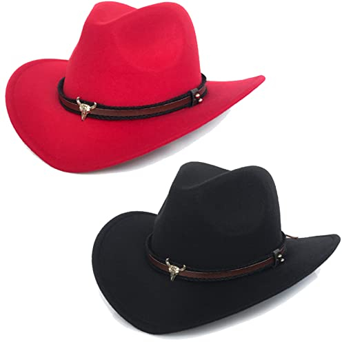 Faringoto Hut mit breiter Krempe, bequemer Cowboyhut mit breiter Krempe, für Zuhause, Rot/Schwarz, Einheitsgröße