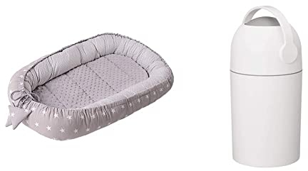 Medi Partners Babynest Kuschelnest Babynestchen 100% Baumwolle Nestchen Reisebett für Babys Säuglinge 90x50x13cm (graue Sternen mit graue Minky) & Chicco Windeleimer Odour Off, 1 Stück