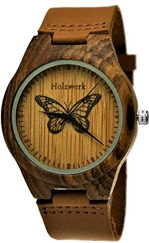 Holzwerk Germany Handgefertigte Designer Damen-Uhr Herren-Uhr Öko Natur Holz-Uhr Leder Armband-Uhr Analog Klassisch Quarz-Uhr Braun mit Schmetterling Butterfly Natur (Braun..)