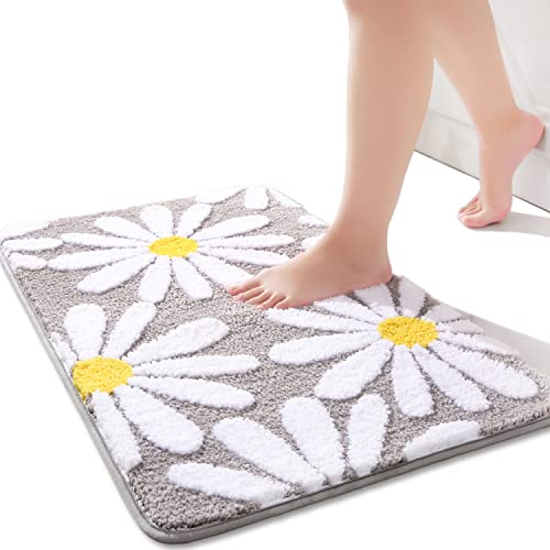 QJHOMO Grau Badezimmerteppich Niedliche Gänseblümchen Badematte rutschfest Waschbar Badteppich Weiße und Gelbe Blume Badvorleger Weiche Duschvorleger Absorbierende Badezimmer Teppich 50x80 cm