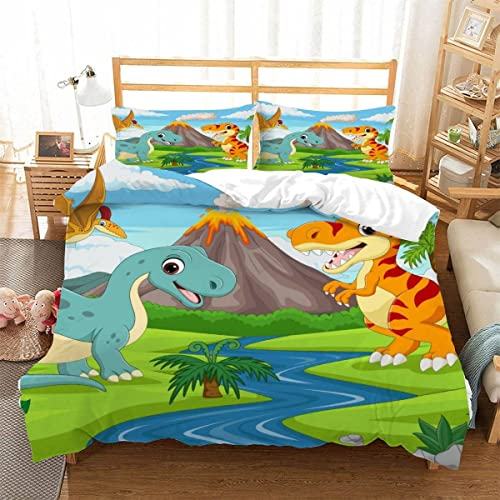 BUMIYA Kinder Bettwäsche Set 135x200 3D Druck Dinosaurier Bettwäsche100% Mikrofaser Weiche mit Reißverschluss Cartoon-Dinosaurier Jungen Mädchen Bettbezüge mit 2 Kissenbezug 80x80 cm