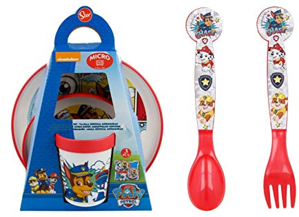 Patrol Comic Microwave Safe Cartoon Character Non Slip Bicolor Premium Dinner Tableware Set for Children Plate, Bowl, Cup & Cutlery Set BPA Free re-usable Plastic (Patrol Comic)