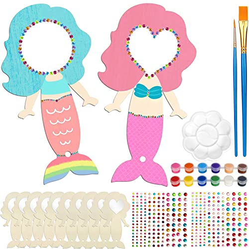Shinybox Meerjungfrau Basteln, 12 Stücke DIY Holzspiegel Bausatz mit Griff, Holzbastelset für Kinder, Kindergeburtstag Meerjungfrau Bastelset Mädchen für Kinder als Mitgebsel Geburtstag Gastgeschenke