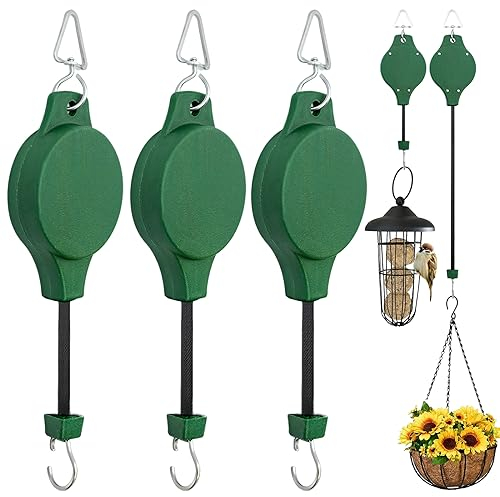 FOWSRHRG Plant Hook Pulley, Outdoor Adjustable Heavy Duty Plant Sky Hook Hang for Garden Hanging Plants, Flower Baskets, Pots, Bird Feeder Plants Pulleys 3 Pack Retractable Hanging Green