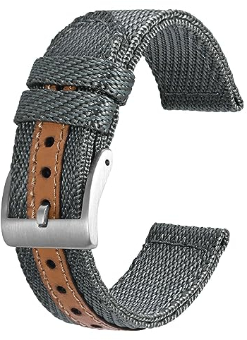 BISONSTRAP Sportliche Nylon Uhrenarmband, Militär Uhrenarmbänder für Herren, 22mm, Grau mit Silberne Schnalle