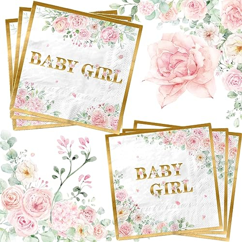 40 Stück Baby Mädchen Servietten Dekorationen Baby Mädchen Dusche Party Dekorationen Rose Gold Rosa Einweg-Papierservietten Baby Mädchen Dusche Zubehör für Geschlecht offenbaren Baby Mädchen Dusche