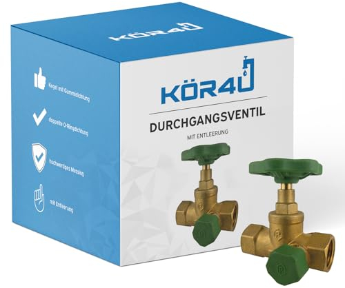 kör4u Durchgangsventil 1/2 Zoll, Messing, PN10, beidseitigem Innengewinde, Trinkwasser geeignet (1/2 mit Entleerung)