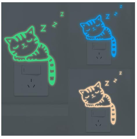 Yurosiay 3 Stück Leuchtende Schalter Aufkleber Niedliche Katze Leuchtaufkleber Schalter DIY Selbstklebend Leuchtaufkleber Fluoreszierend Wandaufkleber für Steckdose Lichtschalter Wand 12×16cm