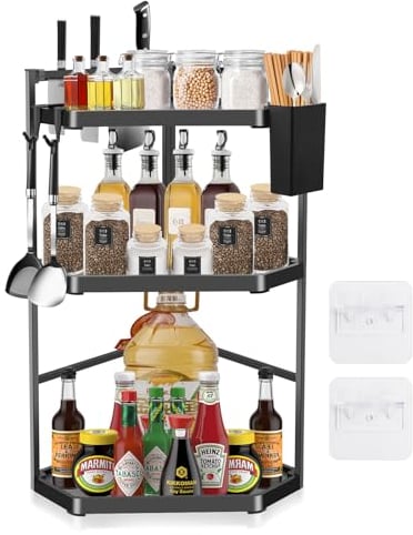 MaxEarn 3 Etagen Verstellbares Eck-Küchenregal, 60cm Extra Großes Arbeitsplatte Gewürzregal, Dreieckiges Wand-Gewürzregal aus Edelstahl, Eckregal Organizer für Küche und Badezimmer