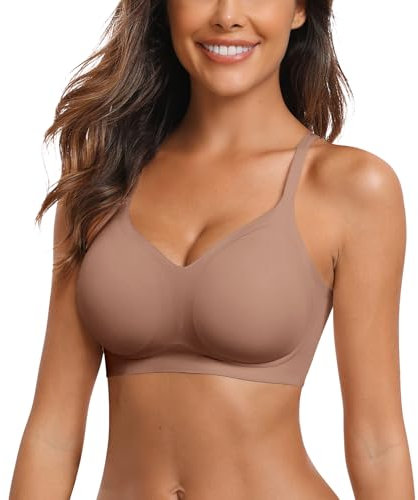 Vertvie Nahtloser BH Damen Ohne Bügel Bequeme Push Up Soft BH V Ausschnitt Weicher Bustier Seamless Bra Ultrakomfortable Gepolstert Bralette T-Shirts(1pc: Kaffee,L)
