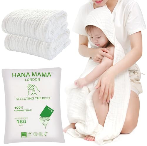 HANA MAMA 2 Stück 100% GOTS Bio-Baumwolle Baby Kapuzen-Badetücher mit 6 Schichten Musselin Badetücher für Kinder, Kleinkind, Kapuzenbadetuch, Babyhandtuch, Babyhandtücher für Neugeborene (90 x 90 cm