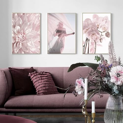 AWKFHF Rosa Blume Frau Bilder,Leinwandbild Poster Kunstdruck Wohnzimmer Deko Schlafzimmer Bilder Wanddekoration (3X40X60CM,ohne Rahmen)