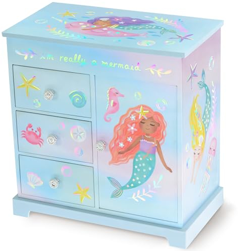 Giggle & Honey Musikalisches Meerjungfrau-Schmuckkästchen für Mädchen - Kinder Spieluhr mit Spiegel, Meerjungfrau Geschenke für kleine Mädchen Geburtstag, Alter 3-10 -22,9 x 12,7 x 23,5 cm, Blau