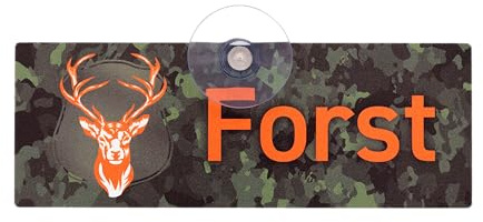 FORST Autoschild mit Hirschmotiv und Saugnapf – Premium Forstschild in Orange auf grünem Camo-Hintergrund, formstabiles Aluverbund, UV- und witterungsbeständig, 18 x 6,5 cm