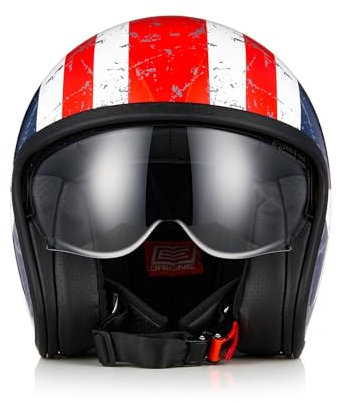 ORIGINE Casco moto Jet Casco da scooter con visiera omologata ECE 22-06(Rebel Star Matt Blue Red,S)