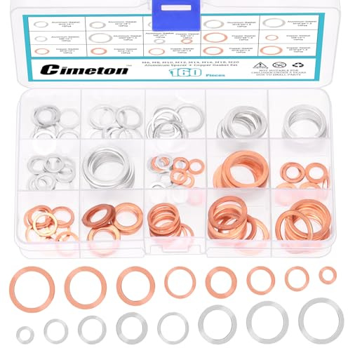 Cimeton 160Pcs Aluminium und Kupfer Ölablassschraube Dichtung Sortiment Set, Kupfer Crush Washer, M6 M8 M10 M12 M14 M16 M18 M20 Metrische Öl Plug Unterlegscheiben Öl Ring Drain Plug Dichtung für Auto