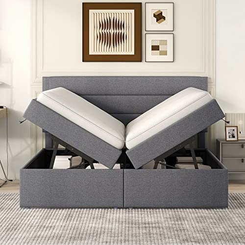 MYBOO Boxspringbett 140x200 mit Bettkasten und Kopfteil, Doppelbett Polsterbett mit Großer Stauraum, Bett mit Holz Lattenrost und Metallrahmen, Bettgestell Stauraumbett Rückenlehne Bett, Leinen, Grau