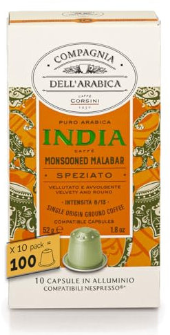 Caffè Corsini - Inde 100 Capsules Compatibles Nespresso, Café 100% Arabica, Intensité 8/13, 10 Boîtes de 10 Capsules, 520g