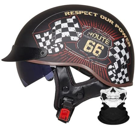 RQTEUYE Mezzo Casco, retrò Moto Jet Caschi ECE Omologato, Demi-Jet Casco Scodella con Pare-Soleil Rétractable per Elicottero da Pilota Chopper Vintage per Moto Cruiser M-XXL