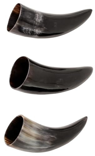 Lord of Battles Medieval Viking Drinking Horns Set of 3 Pieces Genuine Ox Horn Norseman Drinking Vessel Horn for Ale Mead for Men and Women (Plain, 60-80 ML)