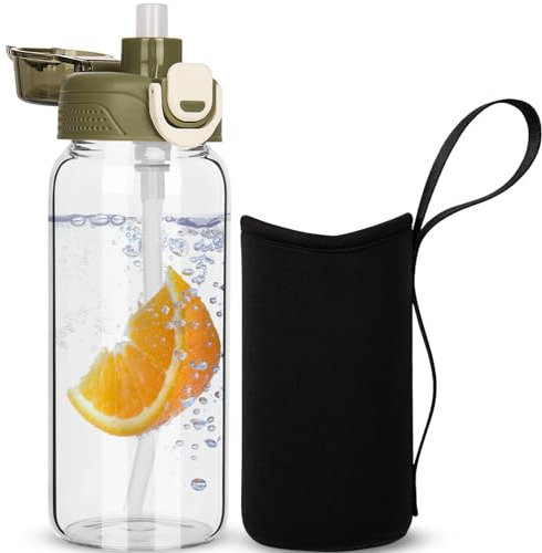 DEARRAY 600ml Glass Water Bottle with Straw & Neoprene Sleeve 0.6l BPA free Glass Drinking Bottle Leakproof