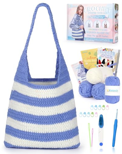 Katech Häkelset/Strickset für Gestreifte Tasche, Häkelnadel Set mit Anleitung & Video-Tutorial, Häkelzubehör Baumwolle zum Häkeln, Stricken Anfänger Set, Häkelset für Anfänger (Blau)