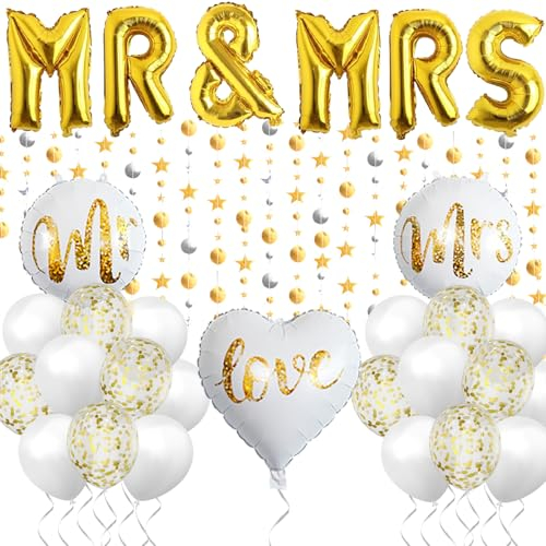 Mr Mrs Hochzeitsdeko,Luftballons Hochzeit,MR & MRS Foil Gold Ballons,Helium Ballons Hochzeit,Mr und Mrs Deko,Sterne Runde Girlande,Ballon für Brautpaar für Die Perfekte Hochzeitsfeier