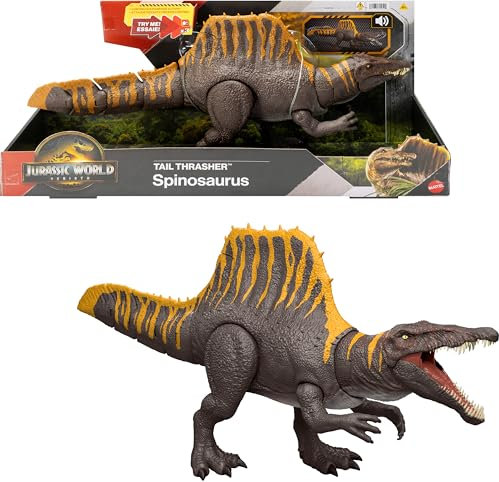 Mattel Jurassic World El Renacer, Espinosaurio Cola destructora Dinosaurio de juguete, figura de acción con 2 movimientos de ataque, fiel a la película y articulada, juego digital, JGB57